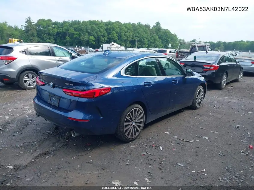 2022 BMW 228 Gran Coupe I Sdrive VIN: WBA53AK03N7L42022 Lot: 45344734