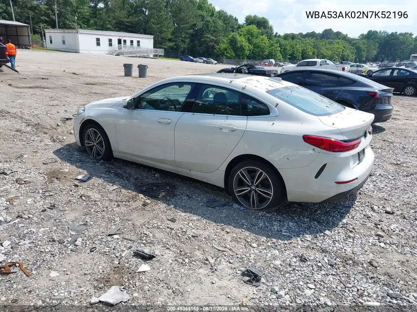 2022 BMW 228 Gran Coupe I Sdrive VIN: WBA53AK02N7K52196 Lot: 45365165