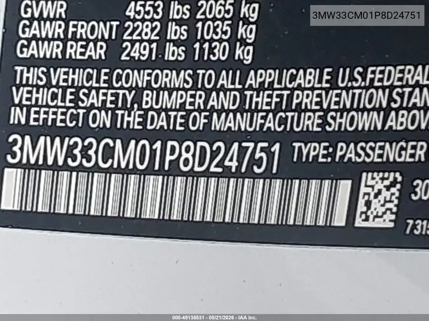 2023 BMW 230 I xDrive VIN: 3MW33CM01P8D24751 Lot: 45138531