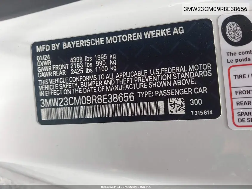 2024 BMW 230I VIN: 3MW23CM09R8E38656 Lot: 45561194