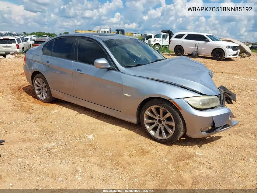 2011 BMW 328I xDrive VIN: WBAPK7G51BNN85192 Lot: 45563163