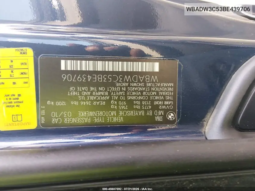 2011 BMW 328I VIN: WBADW3C53BE439706 Lot: 45687592