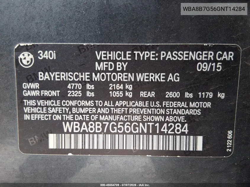 2016 BMW 340I xDrive VIN: WBA8B7G56GNT14284 Lot: 45554709
