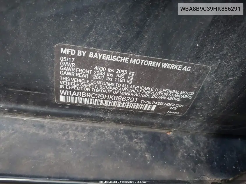 WBA8B9C39HK886291 2017 BMW 330I