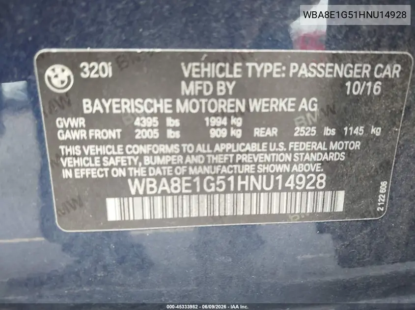 WBA8E1G51HNU14928 2017 BMW 320I