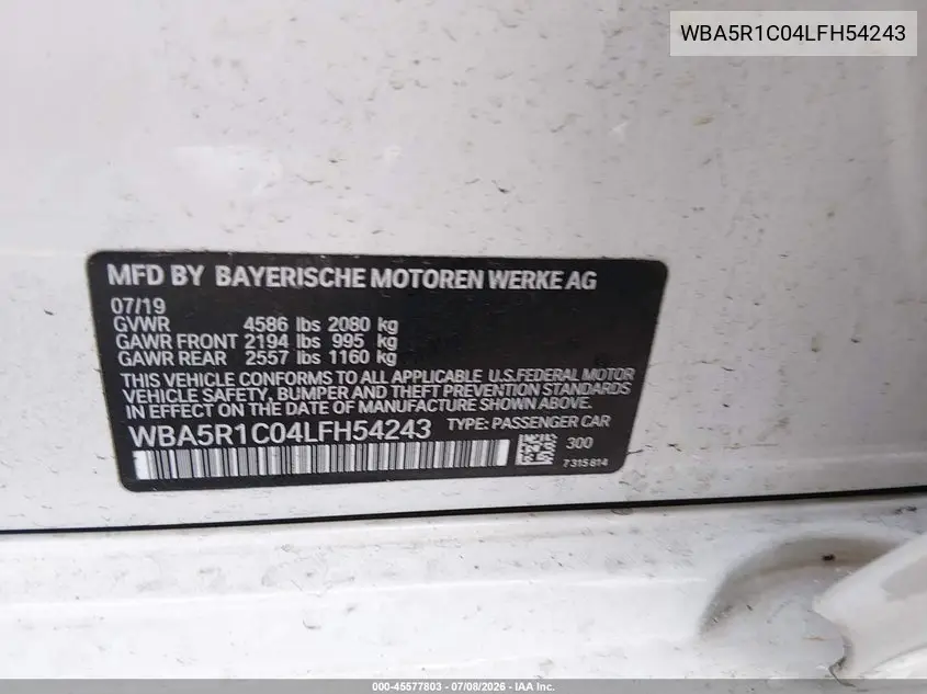 2020 BMW 330I VIN: WBA5R1C04LFH54243 Lot: 45577803