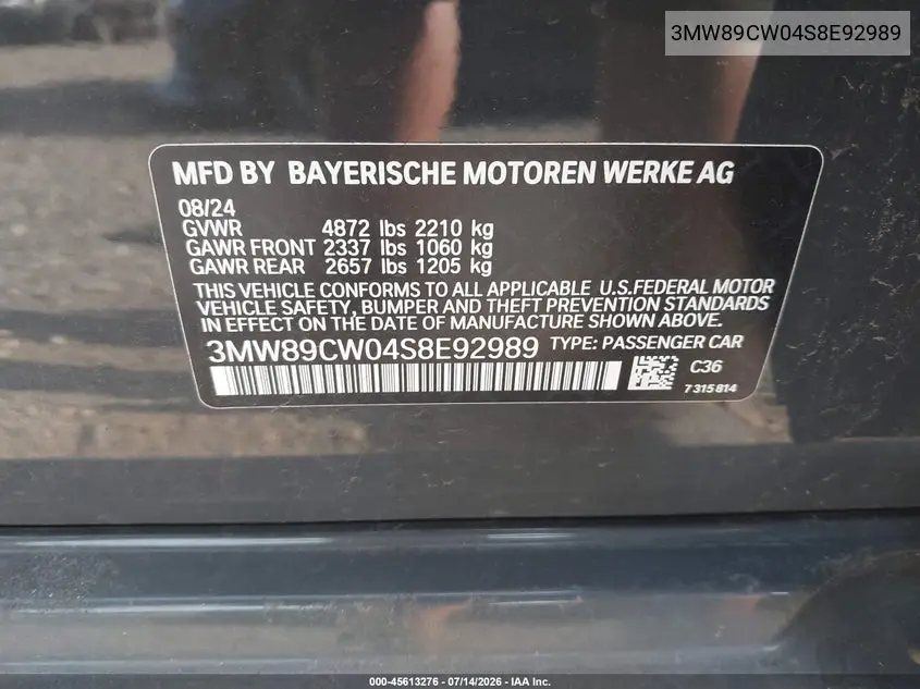 2025 BMW 330I xDrive VIN: 3MW89CW04S8E92989 Lot: 45613276