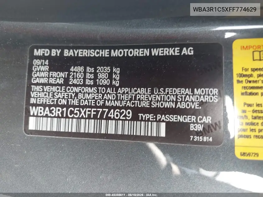 2015 BMW 435I VIN: WBA3R1C5XFF774629 Lot: 45356611