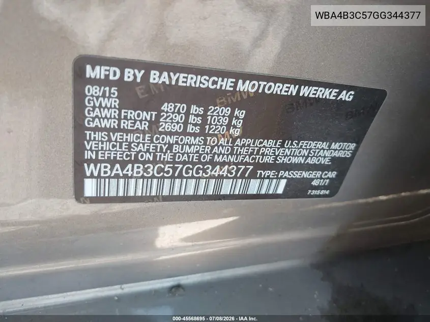 2016 BMW 435I Gran Coupe xDrive VIN: WBA4B3C57GG344377 Lot: 45568695