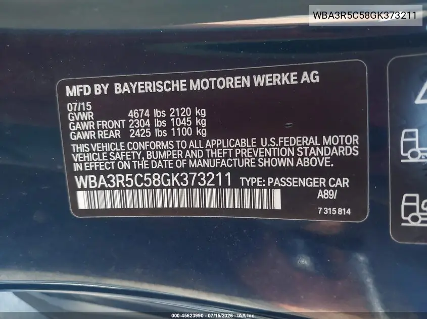 2016 BMW 435I xDrive VIN: WBA3R5C58GK373211 Lot: 45623990