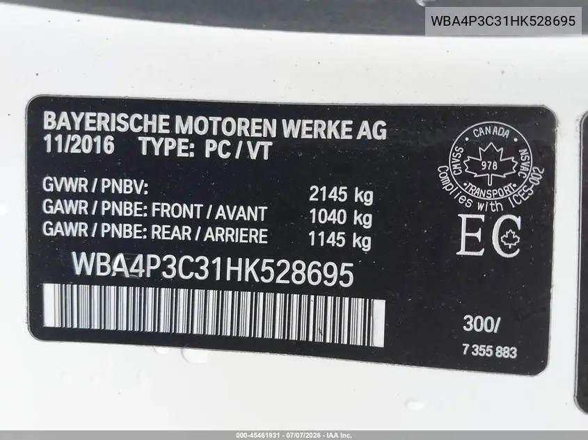 2017 BMW 440I xDrive VIN: WBA4P3C31HK528695 Lot: 45461931