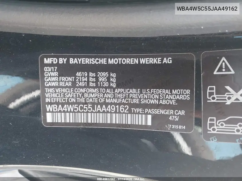2018 BMW 430I xDrive VIN: WBA4W5C55JAA49162 Lot: 45617063