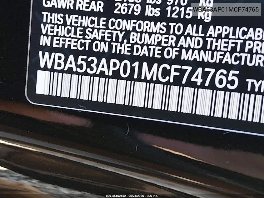 2021 BMW 430I VIN: WBA53AP01MCF74765 Lot: 45462152
