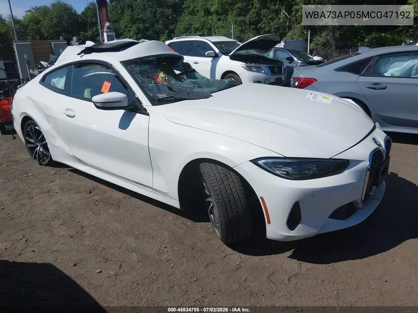 2021 BMW 430I xDrive VIN: WBA73AP05MCG47192 Lot: 45534755
