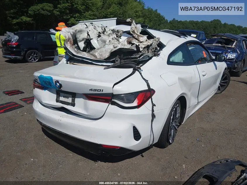 2021 BMW 430I xDrive VIN: WBA73AP05MCG47192 Lot: 45534755