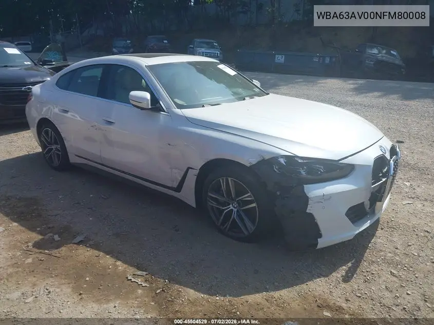 2022 BMW 430I Gran Coupe VIN: WBA63AV00NFM80008 Lot: 45504529