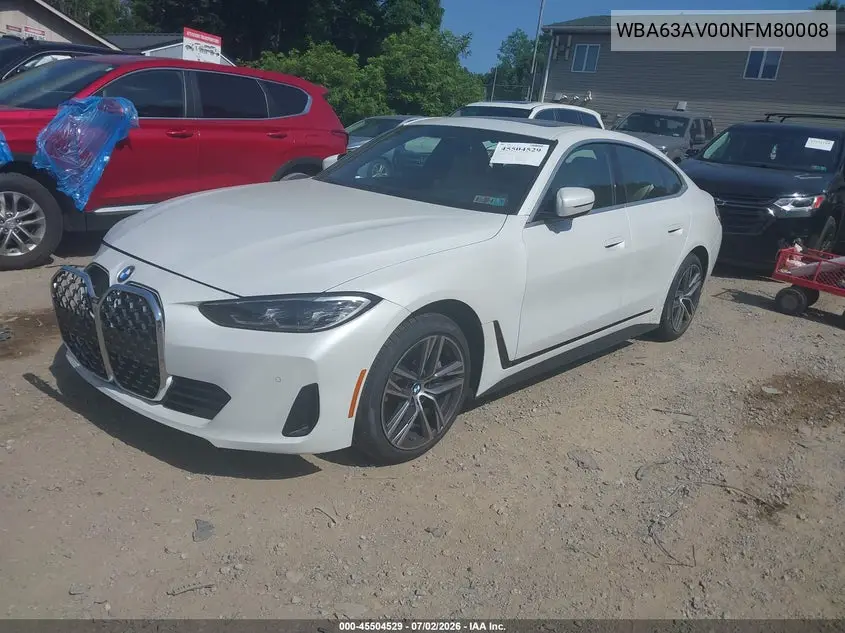2022 BMW 430I Gran Coupe VIN: WBA63AV00NFM80008 Lot: 45504529