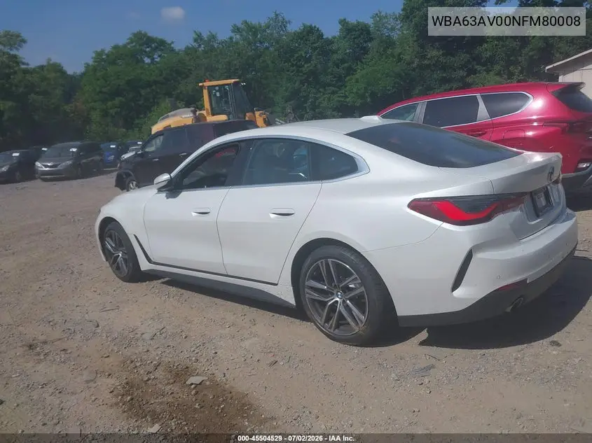 2022 BMW 430I Gran Coupe VIN: WBA63AV00NFM80008 Lot: 45504529