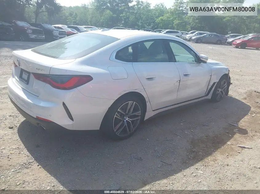 2022 BMW 430I Gran Coupe VIN: WBA63AV00NFM80008 Lot: 45504529