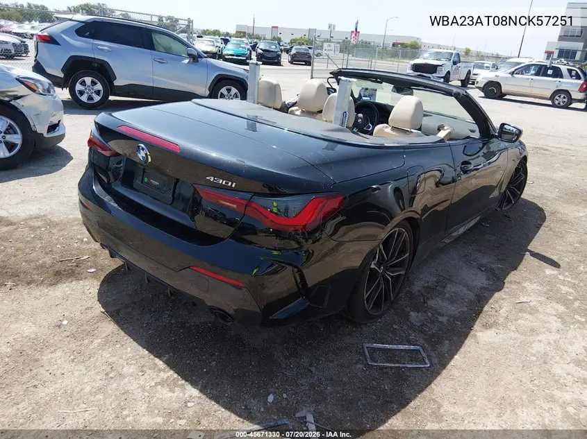 2022 BMW 430I VIN: WBA23AT08NCK57251 Lot: 45671330