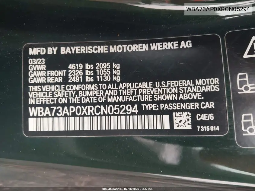 2024 BMW 430I xDrive VIN: WBA73AP0XRCN05294 Lot: 45652616