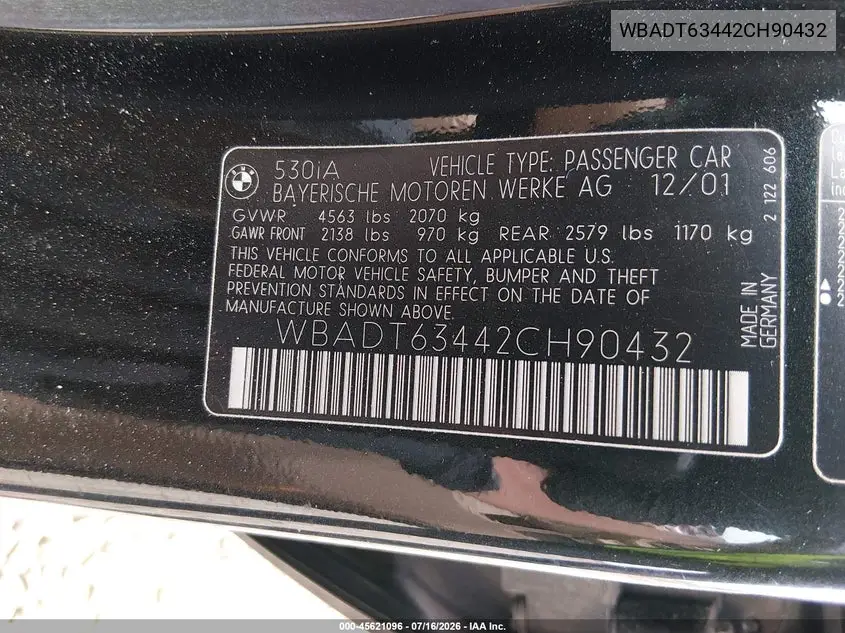 2002 BMW 5 Series 530Ia VIN: WBADT63442CH90432 Lot: 45621096