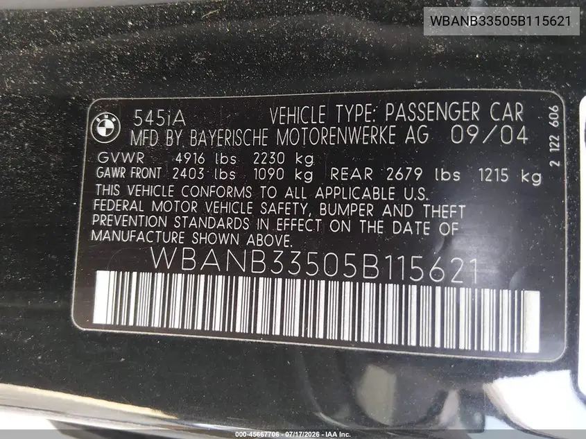2005 BMW 545I VIN: WBANB33505B115621 Lot: 45667706