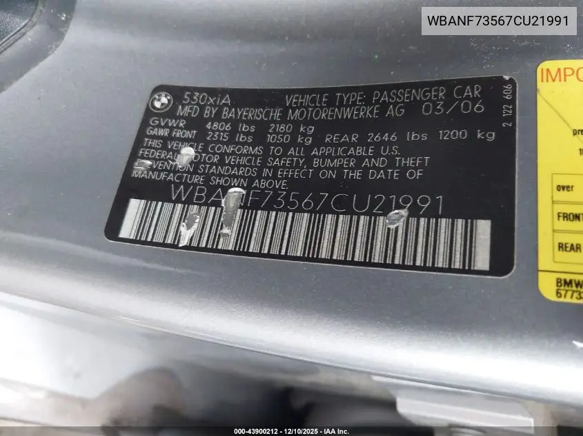 WBANF73567CU21991 2007 BMW 530Xi