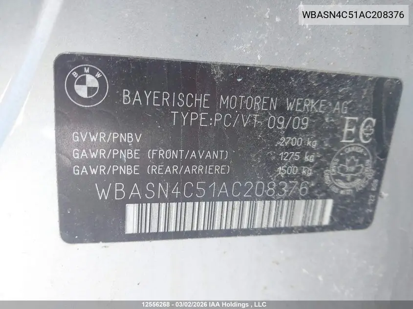 2010 BMW 550 Gt VIN: WBASN4C51AC208376 Lot: 12556268x
