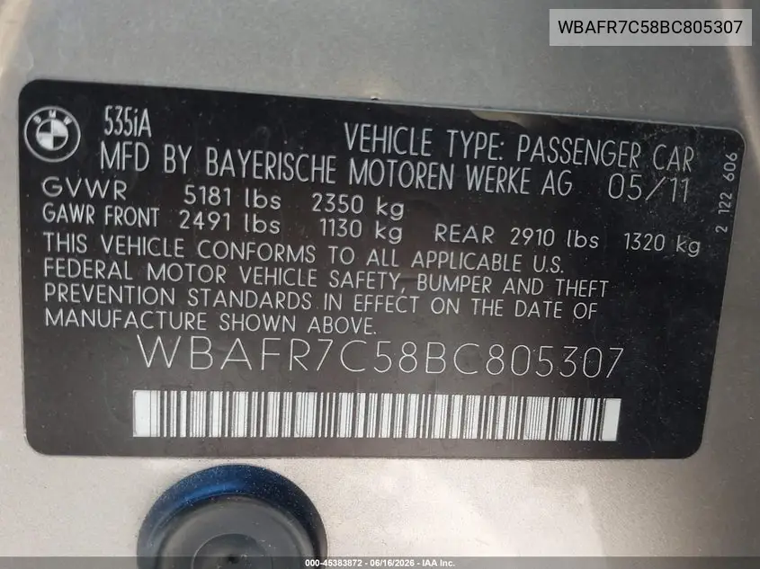 WBAFR7C58BC805307 2011 BMW 535I