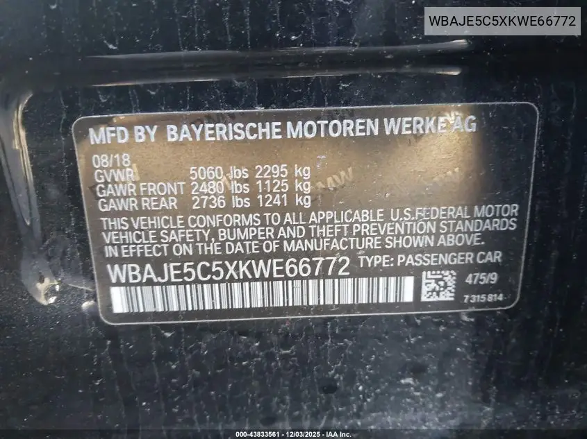 WBAJE5C5XKWE66772 2019 BMW 540I