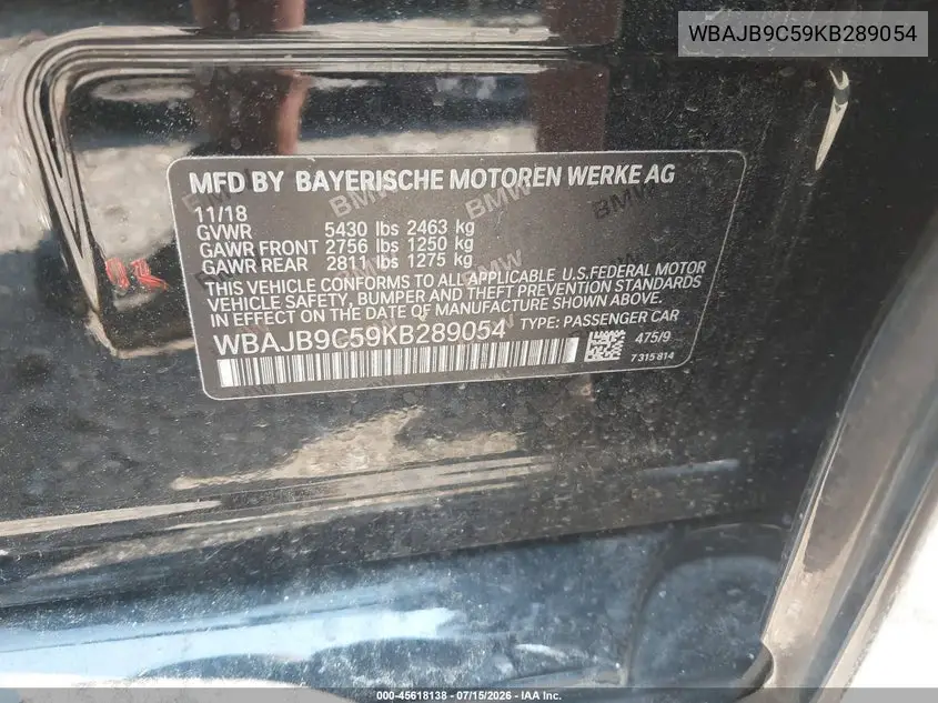 2019 BMW M550I xDrive VIN: WBAJB9C59KB289054 Lot: 45618138