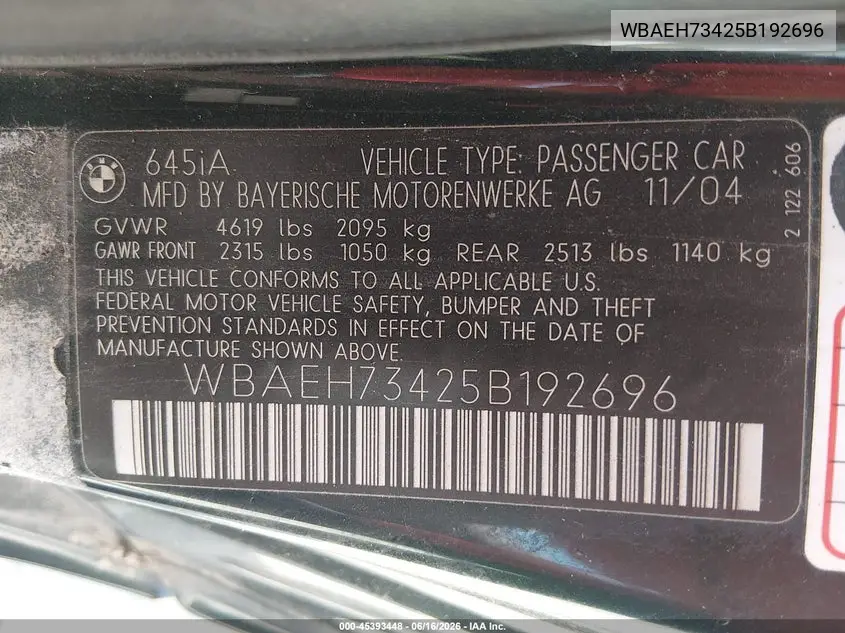 2005 BMW 645Ci VIN: WBAEH73425B192696 Lot: 45393448