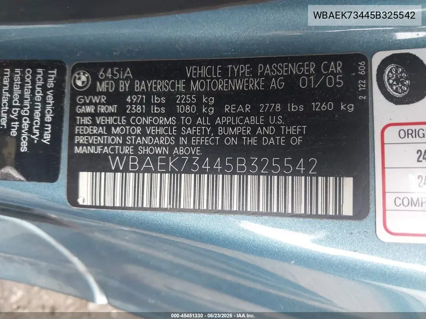 2005 BMW 645Ci VIN: WBAEK73445B325542 Lot: 45451330