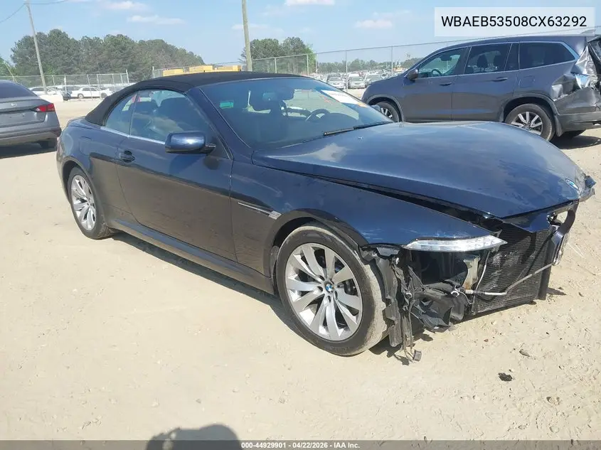 2008 BMW 650I VIN: WBAEB53508CX63292 Lot: 44929901