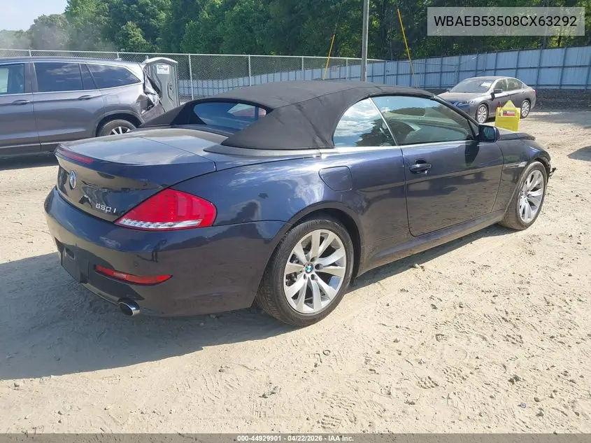 2008 BMW 650I VIN: WBAEB53508CX63292 Lot: 44929901