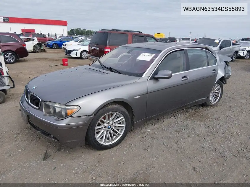 2004 BMW 745Li VIN: WBAGN63534DS55893 Lot: 45432583