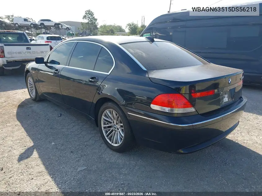 2005 BMW 745Li VIN: WBAGN63515DS56218 Lot: 45191687