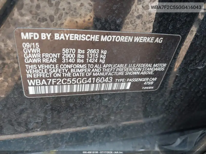 2016 BMW 750I xDrive VIN: WBA7F2C55GG416043 Lot: 45618195