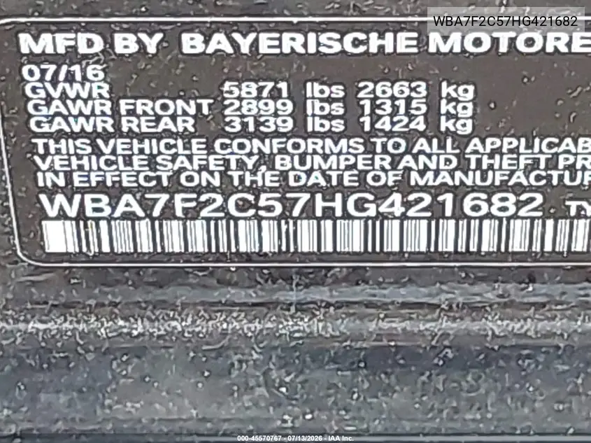 2017 BMW Alpina B7 xDrive VIN: WBA7F2C57HG421682 Lot: 45570767