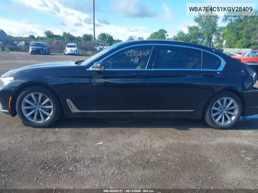 2019 BMW 740I xDrive VIN: WBA7E4C51KGV28409 Lot: 45352127