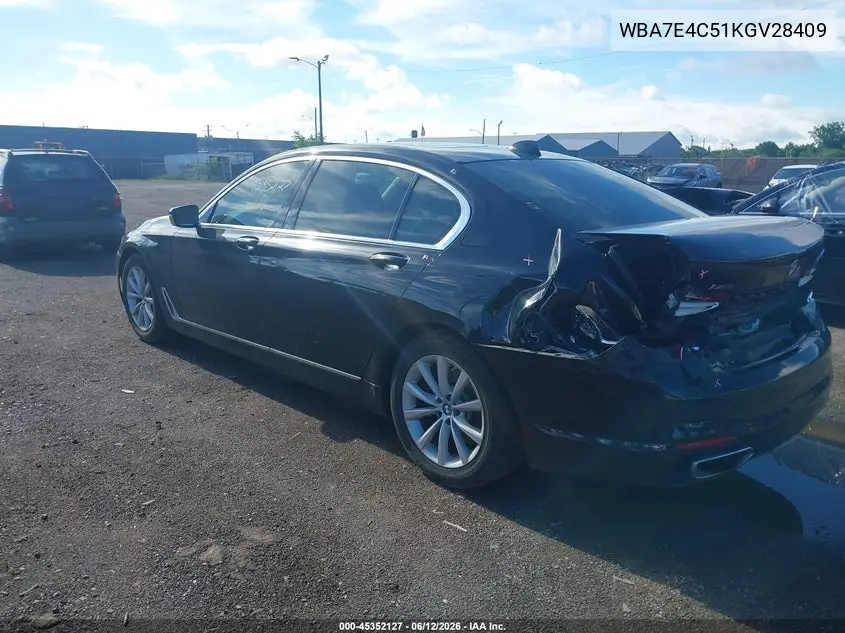 2019 BMW 740I xDrive VIN: WBA7E4C51KGV28409 Lot: 45352127