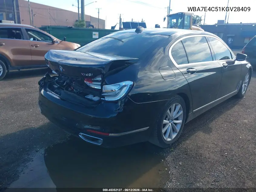2019 BMW 740I xDrive VIN: WBA7E4C51KGV28409 Lot: 45352127
