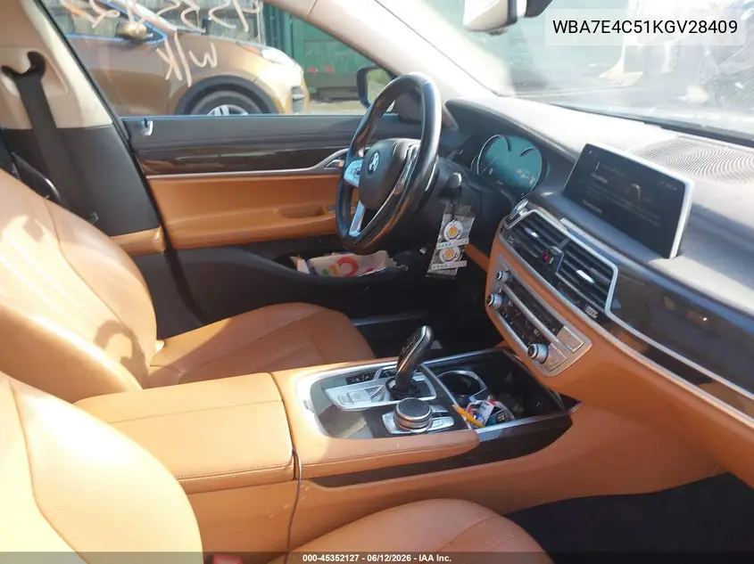 2019 BMW 740I xDrive VIN: WBA7E4C51KGV28409 Lot: 45352127