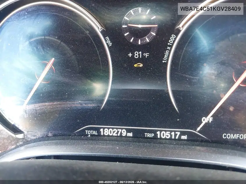 2019 BMW 740I xDrive VIN: WBA7E4C51KGV28409 Lot: 45352127