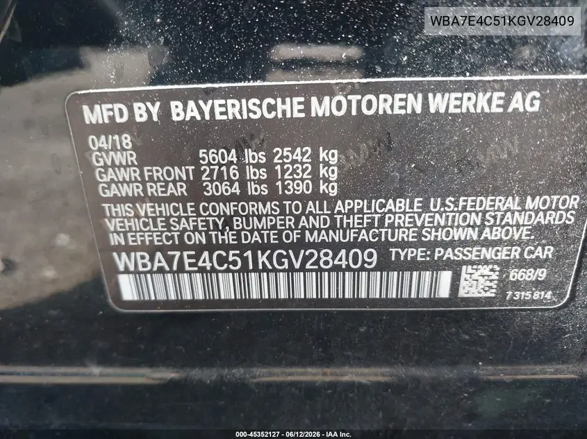 2019 BMW 740I xDrive VIN: WBA7E4C51KGV28409 Lot: 45352127