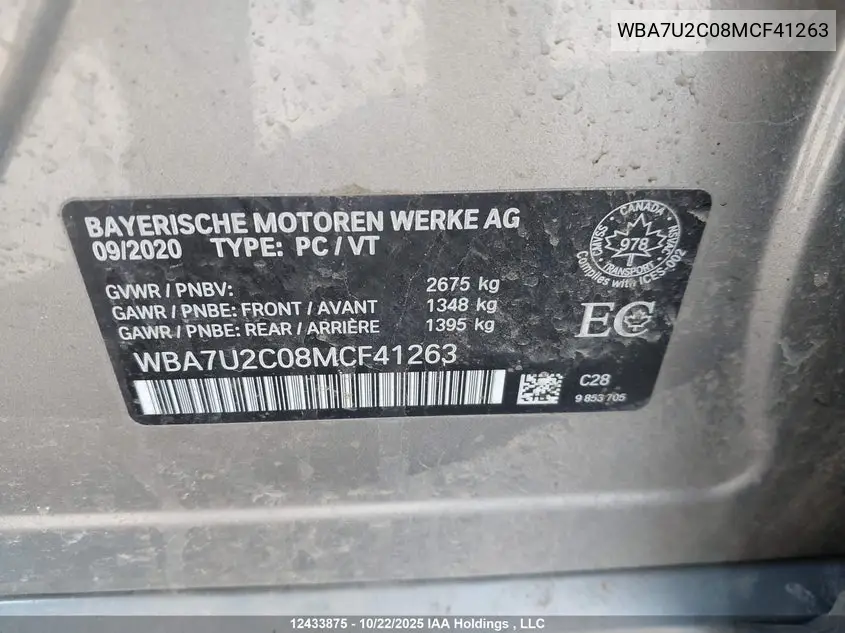 2021 BMW 750Li xDrive VIN: WBA7U2C08MCF41263 Lot: 12433875x