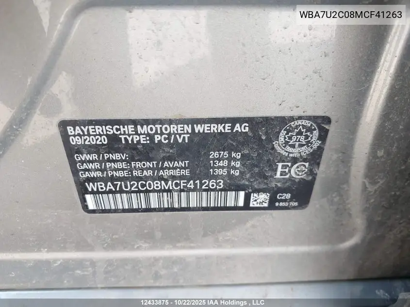 2021 BMW 750Li xDrive VIN: WBA7U2C08MCF41263 Lot: 12433875x