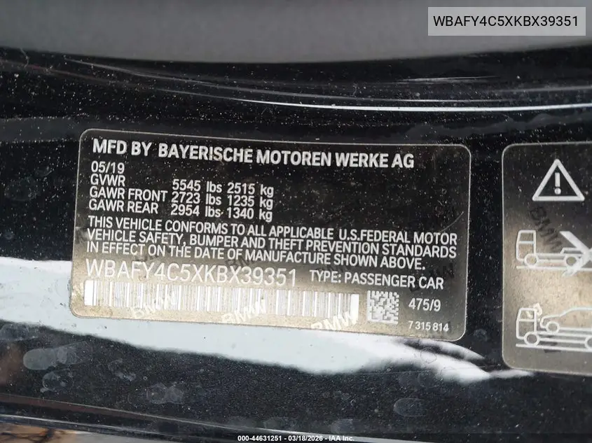2019 BMW M850I xDrive VIN: WBAFY4C5XKBX39351 Lot: 44631251