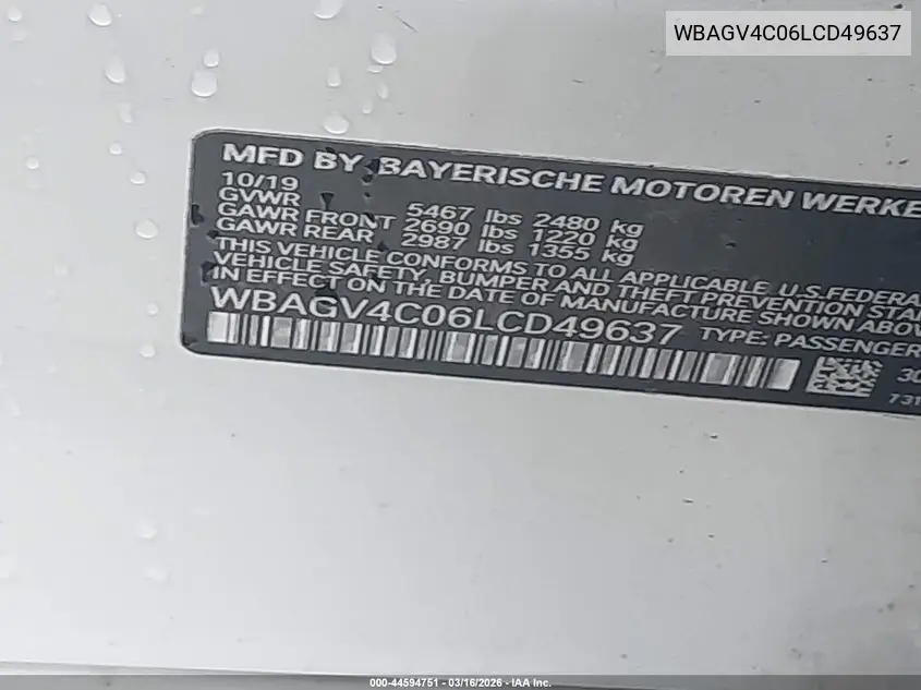 2020 BMW 840I Gran Coupe xDrive VIN: WBAGV4C06LCD49637 Lot: 44594751